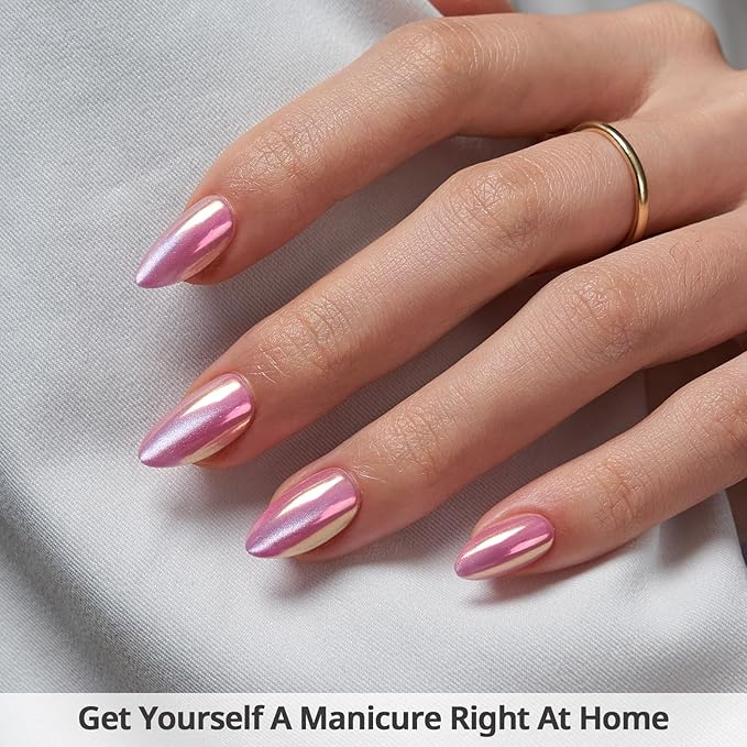 BTArtbox Press On Nails Short - Pink Cat Eye Almond Press On Nails with Glue for Women, Opaque Soft Gel Glue On Nails in 16 Sizes - 32 Stick On Nails Kit, Dreamy
