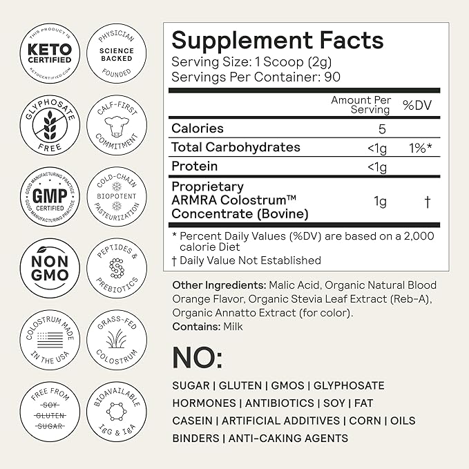 ARMRA Colostrum Powder | Blood Orange | Gut Health & Bloating | Skin & Hair | Immunity | Keto, Gluten & Fat-Free | 90 Servings