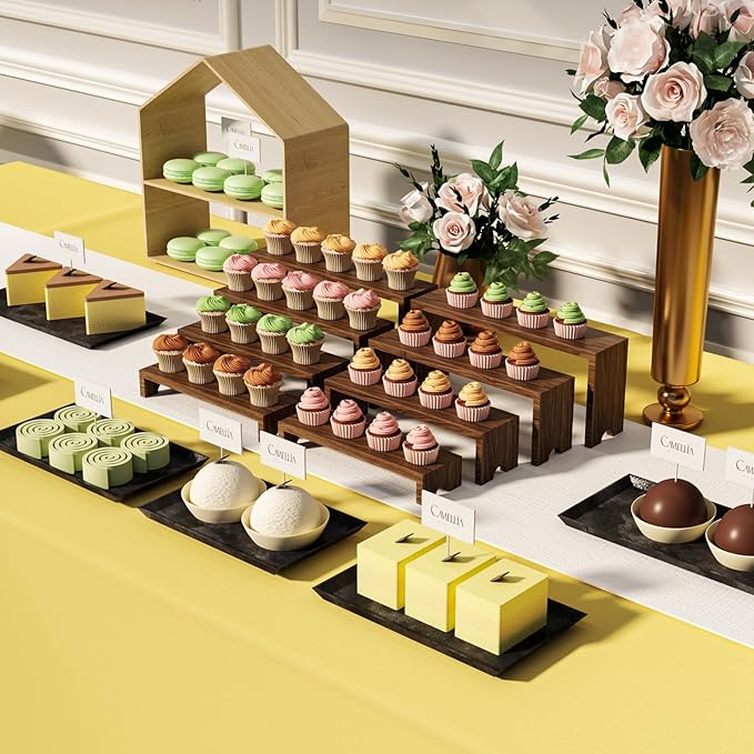 4 Tier Large Display Wooden Riser Stand 1 Set Decorative Rectangular Wood Racks 4 Pieces Stackable Perfume Organizer Cologne Stand Wood Dessert Table Display Set for Vendor Events (Dark Brown, 4PCS)