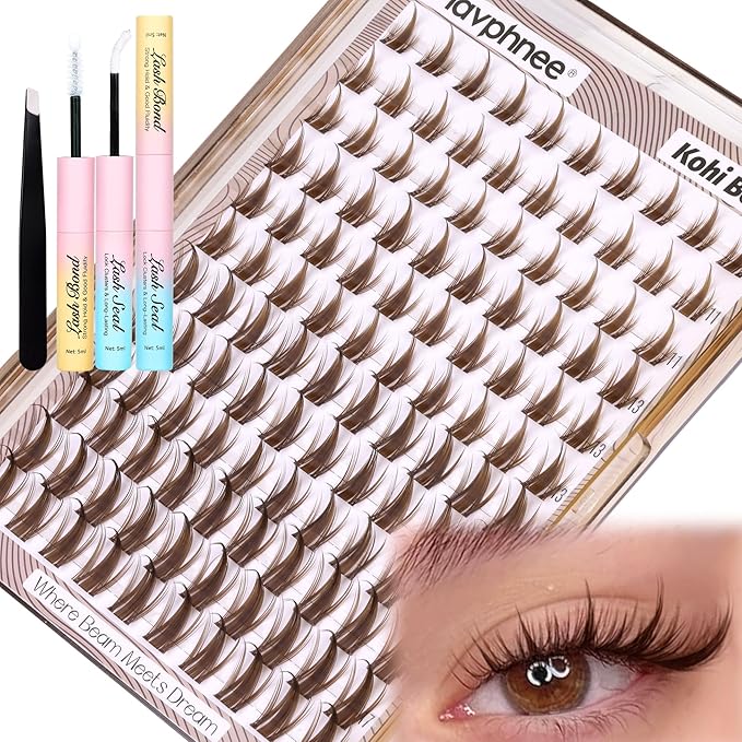Manga Lash Clusters Kit Brown Eyelash Clusters Fairy Spiky Individual Lashes DIY Lash Extension Kit Dark Brown Lash Extension Clusters Clear Bond and Seal Waterproof and Tweezers (11-17MM, CC-Curly)