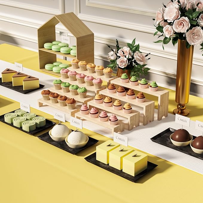 4 Tier Large Display Wooden Riser Stand 1 Set Decorative Rectangular Wood Racks 4 Pieces Stackable Perfume Organizer Cologne Stand Wood Dessert Table Display Set for Vendor Events (Wood color, 4PCS)