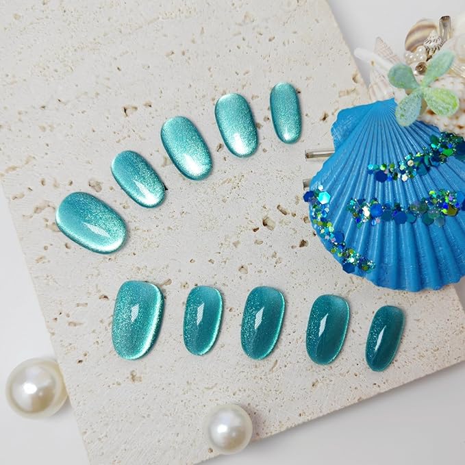 Cat Eye Press on Nails Handmade Short Oval/Square/Round False Nails with French Tip/Aurora/Magnetic Shimmer Designs (Side#Glass Sea L)