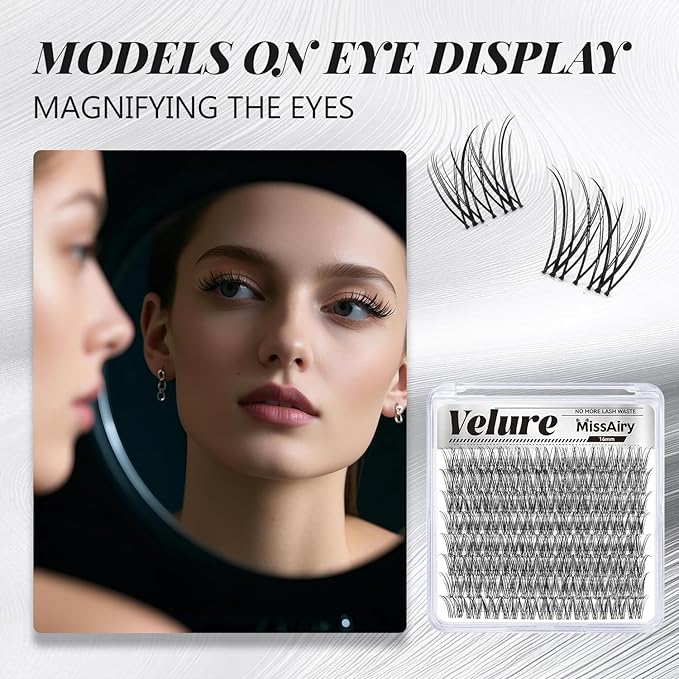 MissAiry Velure Lash Clusters LengthLock Eyelash Extensions Natural Lash Clusters 16MM Lashes Cluster Natural with Invisible Band Venus D Curly Individual Eyelashes Diy at Home(Velure 16MM)