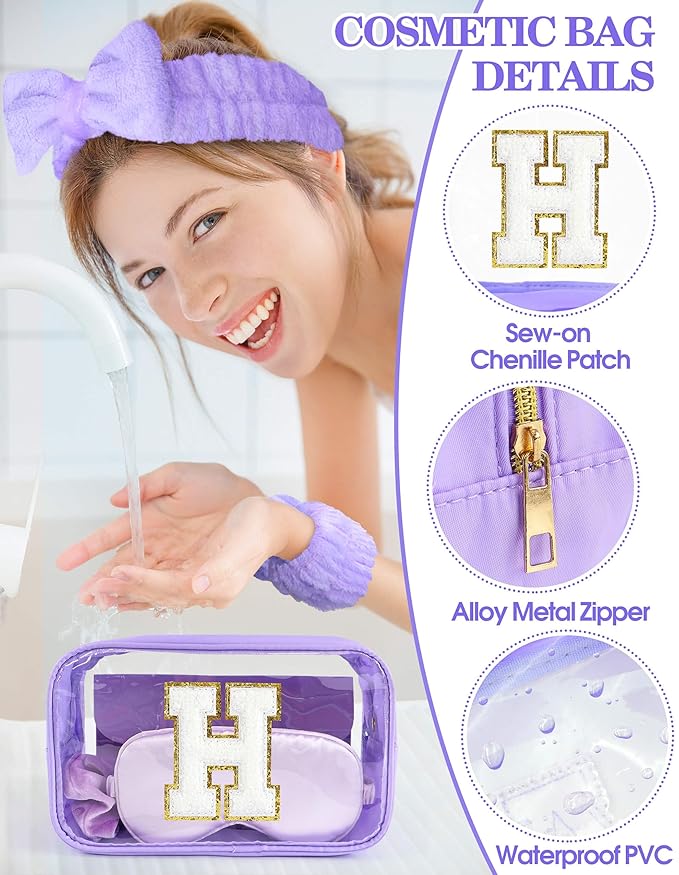 Gift Sets for Women, Initial Makeup Bag with Makeup Brush Set Bachelorette Party Favors, Purple Spa Kit with Skincare Headbands Wrist Bands Sleepover Party Supplies Gifts for Teen Girls Bridesmaid H
