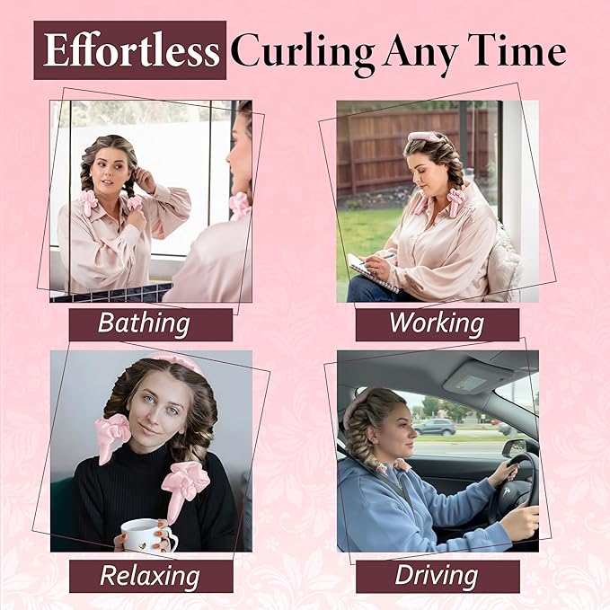 Heatless Curlers, No Heat Curls Overnight, Pink Satin Flexi Rod with 6pcs Heatless Curling Set, 2 Scrunchies, 2 Hair Ties, Carry Pouch, Clip for Overnight Hair Curlers, All Type Hairs