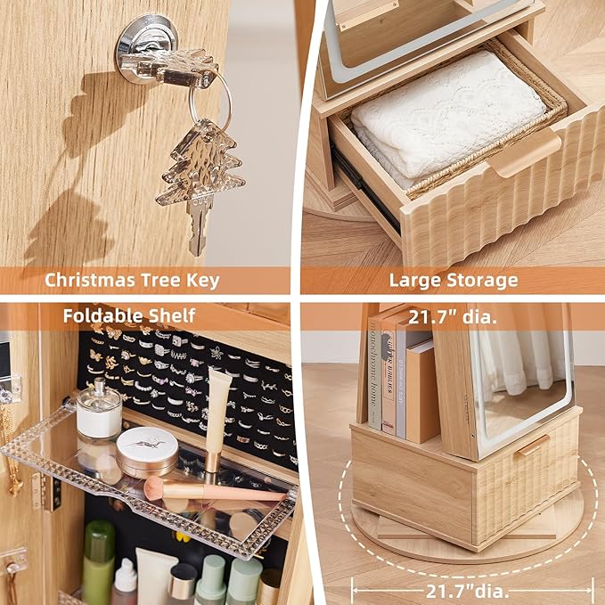 Fluted 360° Swivel Jewelry Armoire Cabinet Standing with Full Length Mirror, Lockable Jewelry Organizers and Drawer Storage with 3 Color LED Lights & Interior Mirror Rear Storage Shelves