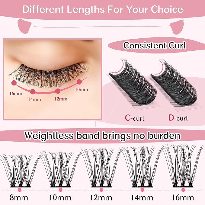 Cluster Lashes, 72 Pcs Individual Lashes, Lash Clusters DIY Eyelash Extension, Super Thin Band Reusable Soft & Comfortable (Romantic-D-8-16mix)