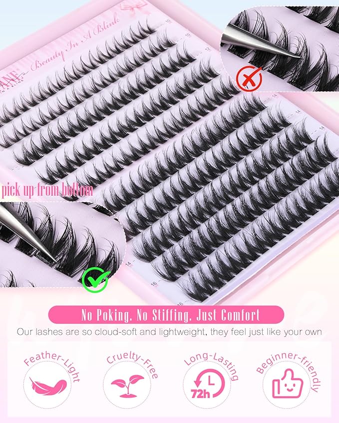 Wtvane Wispy Lash Clusters Fluffy Eyelash Cluster Natural 10-16MM Clusters Eyelash Extensions 200Pcs Fairy Lashes Clusters CD Curl Individual Lashes Cluster with Thin Band Natural Fluffy Look