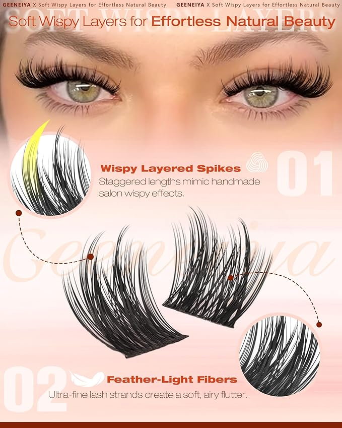 Geeneiya Wispy Lash Clusters, 9-16MM Natural Eyelash Clusters, DIY Cluster Eyelash Extensions, C Curl Lashes Clusters for Beginners