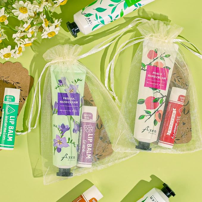 AZEN 30 Sets Bulk Gifts, Hand Cream and Lip Balm Bulk Set with Organza Bag Thank You Card, Baby Shower Wedding Gifts for Guests, Bridal Wedding Favors for Guests,Thank You Gifts for Women