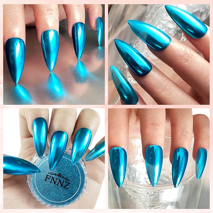 FNNZ Chrome Nail Powder, Metallic Lake Blue Nail Powder Pigment Premium Mirror Effect Salon Nail Art Glitter Dust for Gel Polish Decoration Home DIY Nail Manicure Supplies