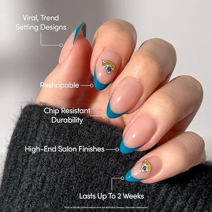 Glamnetic x Fanatics Press On Nails - Jacksonville Jaguars | Short Almond Fake Nails, NFL Jaguars Blue French Tips, Football Nails, Salon-Quality | 15 Sizes - 30 Nail Kit with Glue