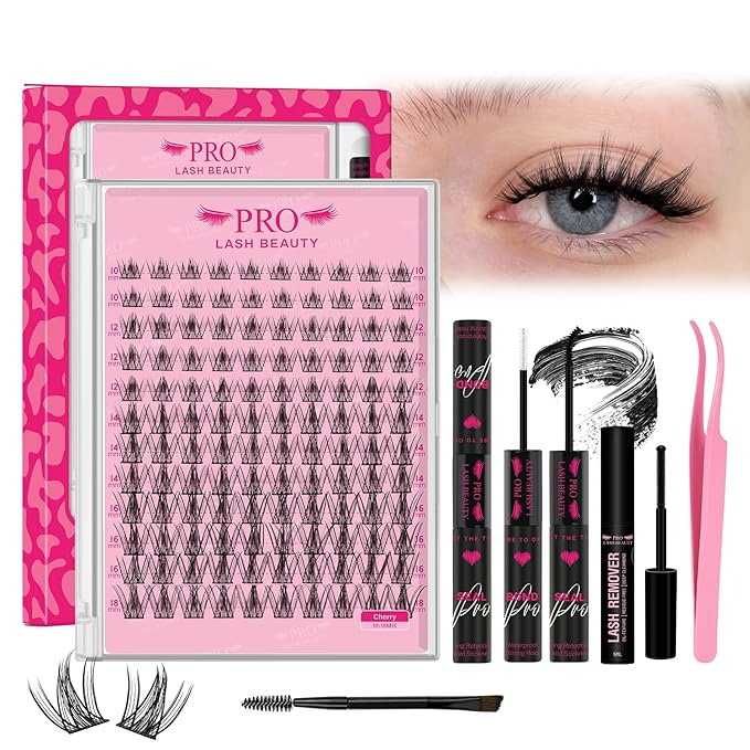 PROLASHBEAUTY Lash Clusters Kit Manga Lash Extension Kit Eyelash Extension Kit Wispy Lash Kit with Waterproof DIY Lash Extension Kit at Home (Cherry,10-18mix)