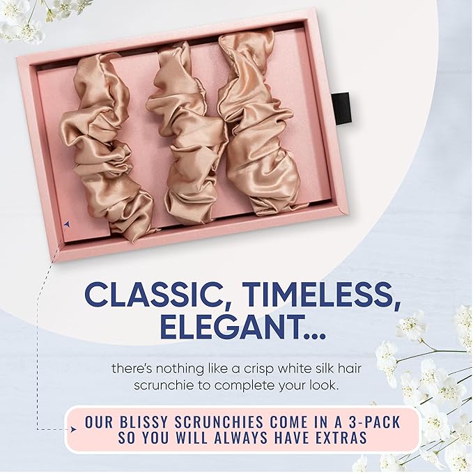Blissy Silk Scrunchies (3 Pack) - 100% Pure Mulberry Silk - 22 Momme 6A High-Grade Fibers Scrunchie for Straight & Curly Hair - Preventing Breakage, Tangling, & Creasing (Rose Regular)