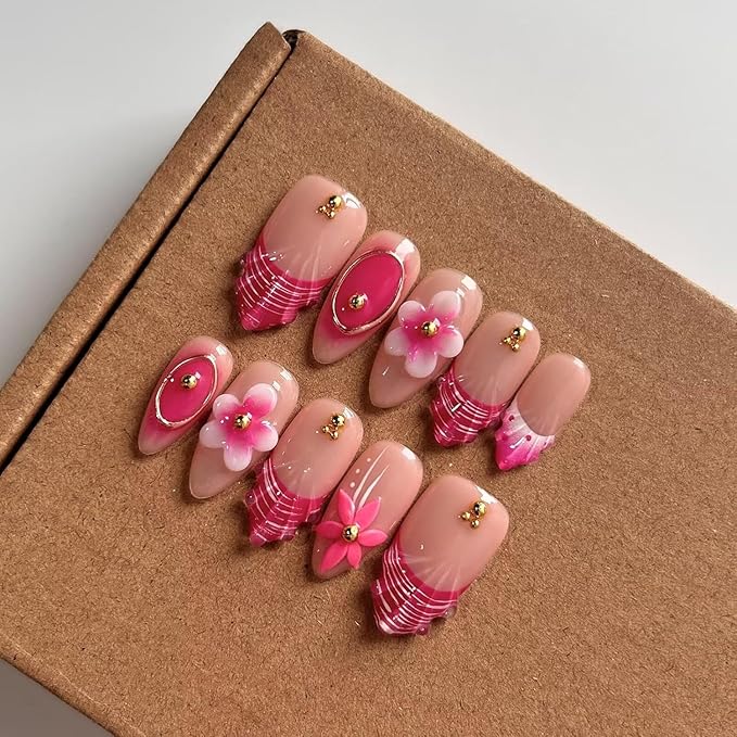 MAGLFELL 10Pcs Press On Nails Handmade Almond Shaped Fashionable Nail Art for Women, 3D French Floral Fake Nails, Reusable Artificial False Nails Pink Acrylic Nails Kit (Size S)