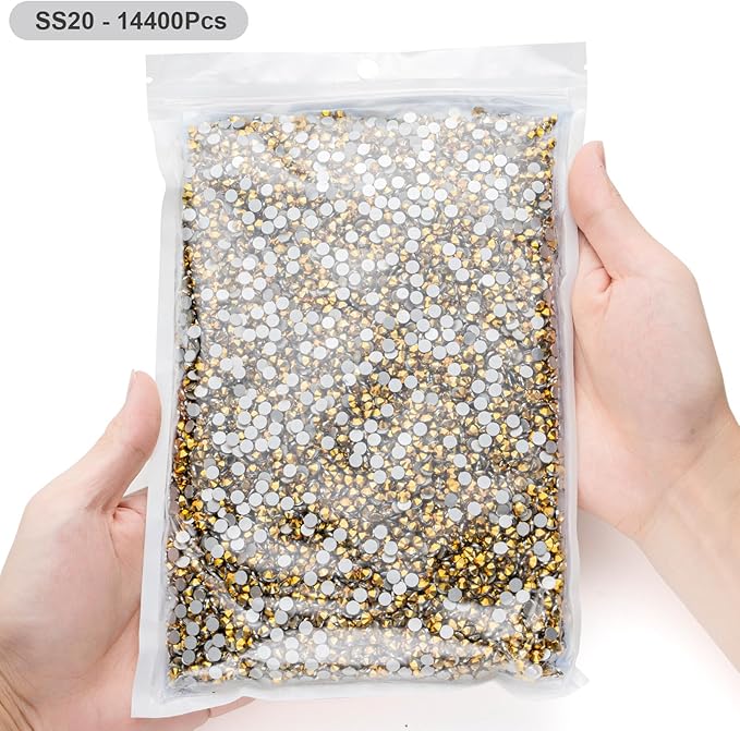 MEIBITE Flatback Rhinestones Bulk, 14400PCS Gold Rhinestones for Clothes DIY Decoration Crafts, Gold, SS20, 4.6-4.8mm