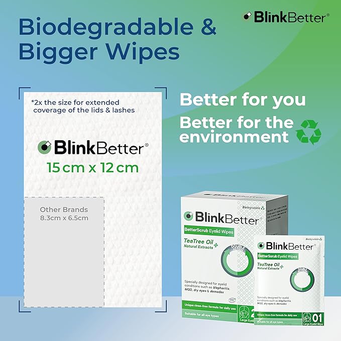 BlinkBetter Tea Tree Oil Eyelid Wipes - 20 x Natural Blepharitis, MGD & Dry Eye Relief Wipes | Cleansing, Soothing, Dual-Textured, Triple Moisture Formula | Biodegradable & Gentle (Pack of 1, 20)