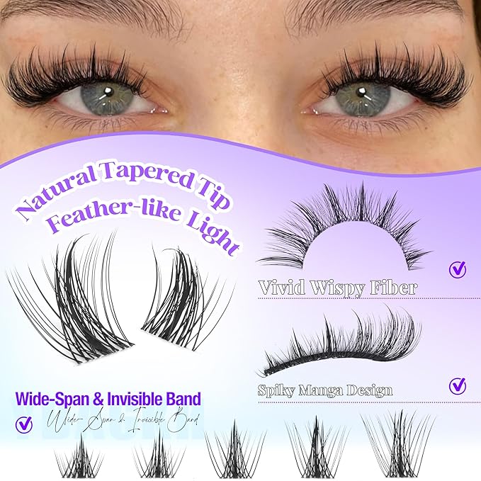 Manga Lash Clusters Spikes Wispy Eyelash Extension Invisible Band Spiky Cluster Eyelash Extensions Anime Fairy Eyelash Clusters 10-18mm DIY Natural Individual Lash Extension 144Pcs Doll Lashes