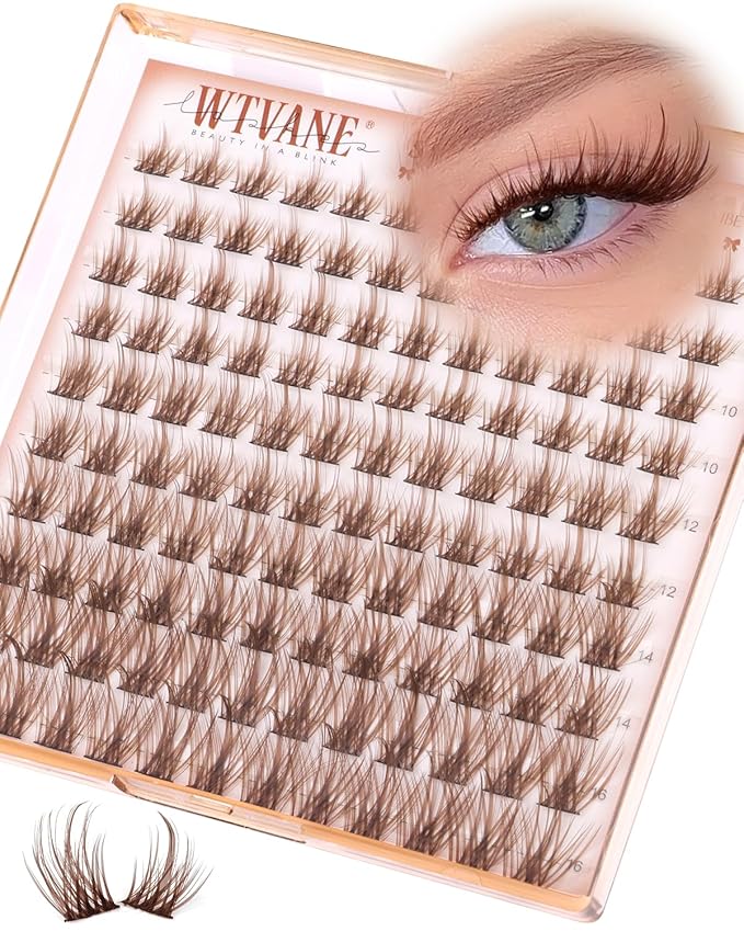 Wtvane Brown Lash Clusters Wispy Eyelash Clusters Natural Lash Clusters with Spikes 8-16mm Cluster Eyelash Extensions Natural Look C-Curly Individual Lashes Thin Band Lashes Clusters Manga Eye Lashes