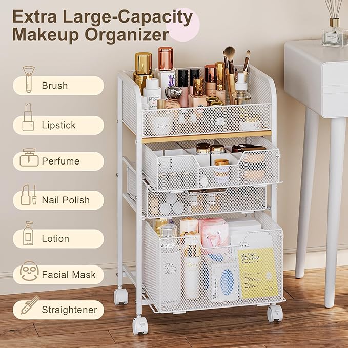 Rolling Makeup Cart Organizer with 3 Drawers, Floor Skincare Organizers with Wheels, Cosmetics Display Cases, Vanity Storage Organizer for Skin Care Perfume Nail Polish, White