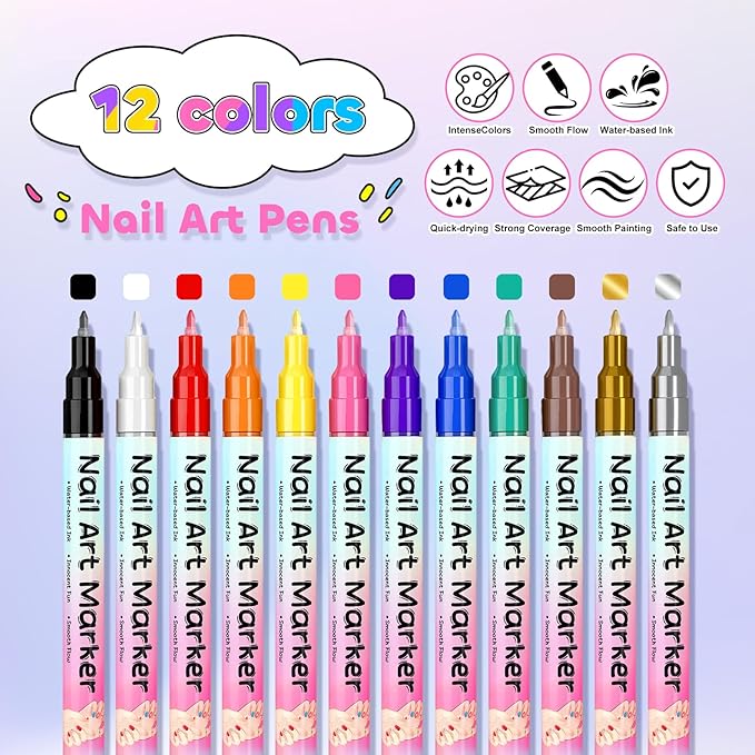 NuSoulra 12 Colors Nail Art Pens Set, Nail Art Markers with 15pcs Nail stickers, 0.5mm Acrylic Painted Pen for Gel Nails,Dotting Painting Pen Quick-drying for DIY Manicure Tools (0.5mm 12color)