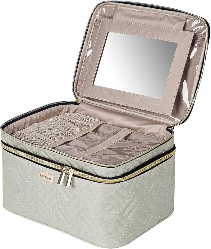 BAFAMYE 8.8L Double Layer Travel Makeup Bag With Mirror For Women, Large Cosmetic Case, Organizer for Travel-Size Accessories Bottles, Brushes,and Skin Care Products, 2.33 GAL, Beige