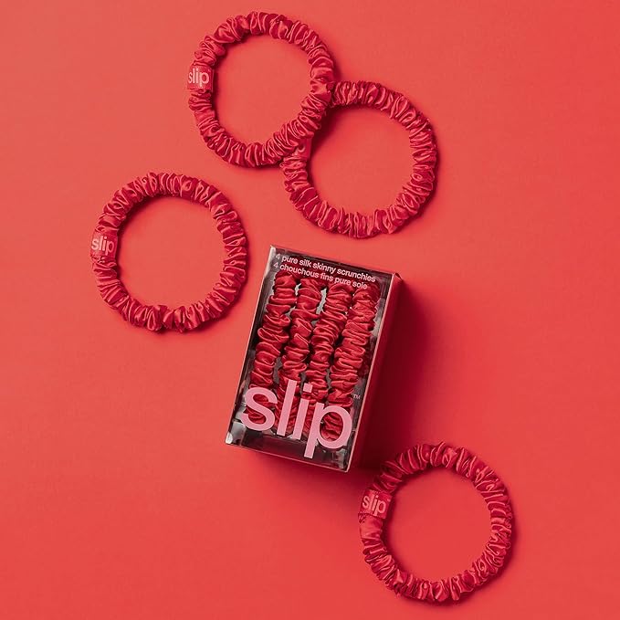 slip Skinny Scrunchies: Anti-Crease, Anti-Breakage Slipsilk™ Design Protects Delicate Hair | Includes 4 Pure Silk Scrunchies: Red