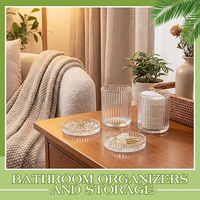 Yiyiring 2 Pack Glass Cotton Swab Holder with Lids and 1 Pack Stainless Steel Trays and Labels Glass Swab Dispenser Cotton Ball Holder Apothecary Jars Floss Pick Containers Bathroom Organizers(Clear)