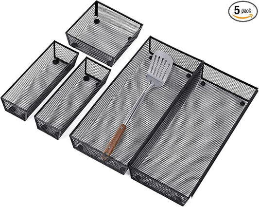 Neudeco Silverware Drawer Organizer,Utensil Organizer for Kitchen Drawer Organizer for Large Utensils with Interlocking Arm, Silverware Storage Cutlery Tray for Knives Fork Spoon (Pack 5, Black)
