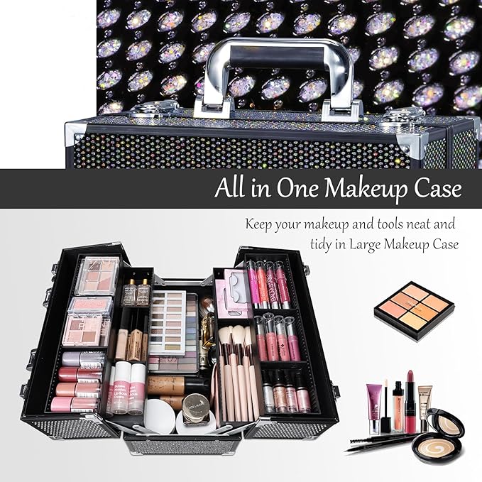 Joligrace Makeup Train Case Professional Cosmetic Organizer Aluminum Storage Box with 4 Adjustable Dividers Trays Lockable Portable with Shoulder Strap