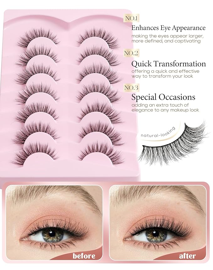 Onlyall Wispy 1 Eyelashes for Natural Flared Look, Soft Fluffy Lashes, Black, 7 Pairs D-K06