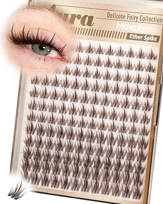 Fairy Lash Clusters Brown Eyelash Clusters Clear Band Individual Lashes Natural Cluster Eyelash Extensions Spiky Cluster Lashes Fan-Out Dark Brown Wispy Lashes Extensions (CC-Curly, 144PCS, 10-16MM)