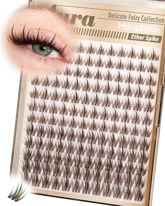 Fairy Lash Clusters Brown Eyelash Clusters Clear Band Individual Lashes Natural Cluster Eyelash Extensions Spiky Cluster Lashes Fan-Out Dark Brown Wispy Lashes Extensions (CC-Curly, 144PCS, 10-16MM)