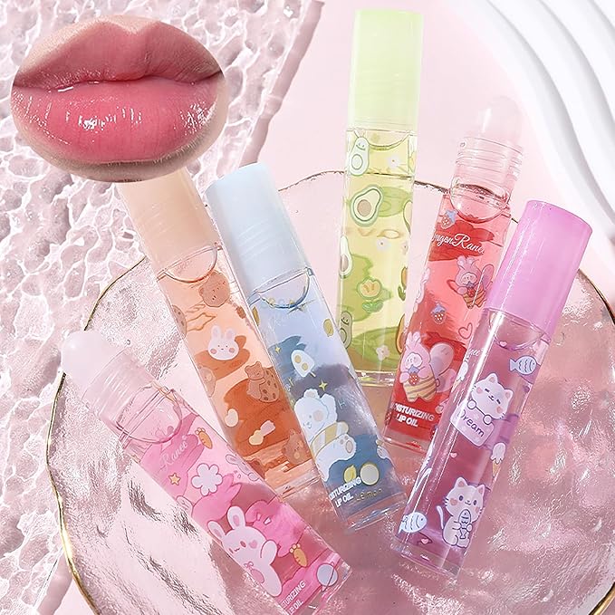 6pcs Roll On Lip Gloss Set, Fruit Flavored Lip Gloss Set Glossy Lip Make-up for Women Non Toxic, Party Gift, Best Friends
