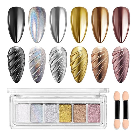 Beetles Chrome Nail Powder 6 Colors Mirror Gold Silver Effect Pearl White Cromer Powder for Nail Solid Pigment Holographic Aurora Nails Art Decoration Glitter Manicure Gift for Women