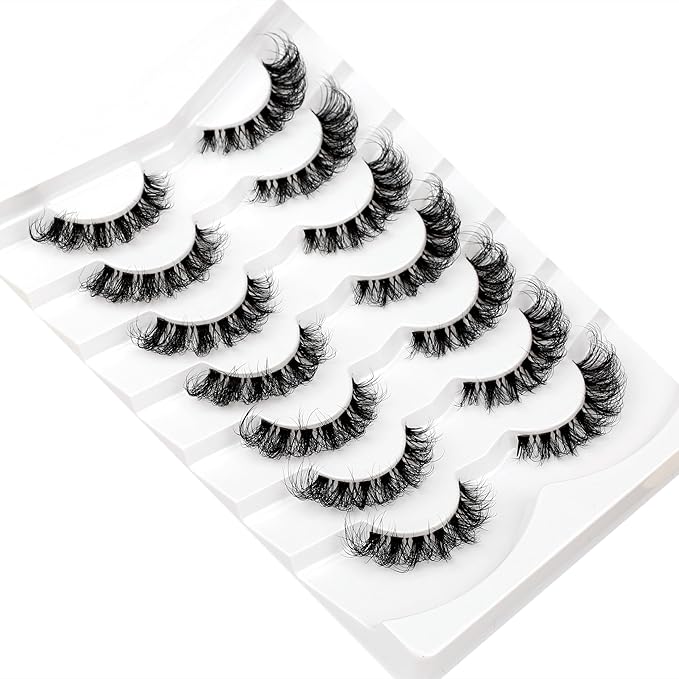 Pooplunch Fake Eyelashes Faux Mink Lashes Strips Cat Eye Wispy Volume Lashes D-Curly Clear-Band Natural 8D Extensions Wispies Short False Eyelash 7 Pairs Pack