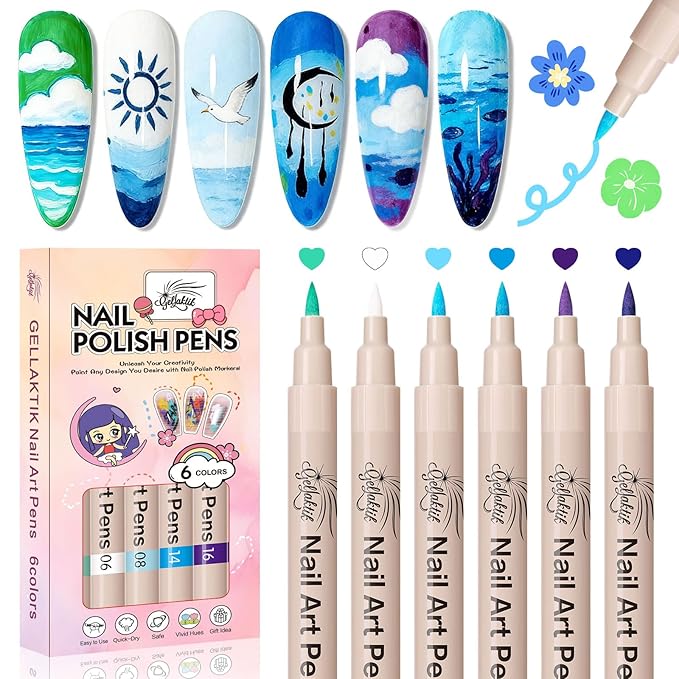 GELLAKTIK 6 Colors Nail Art Pens Set, 3D Nail Polish Pens Quick-Drying Acrylic Paint Markers, Dotting Liner Brush for DIY Nail Design, Home & Salon Manicure Tools