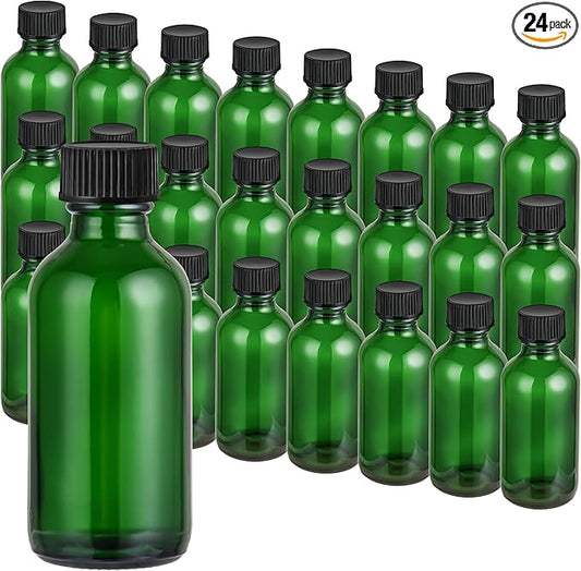 Exlvanto Small Glass Bottles with Lids Boston Round Shot Bottles for Health, Immunity, Ginger Juice, Essential Oils, Potion - Leak Proof Mini Travel Containers (Green UV, 2oz-24Pack)