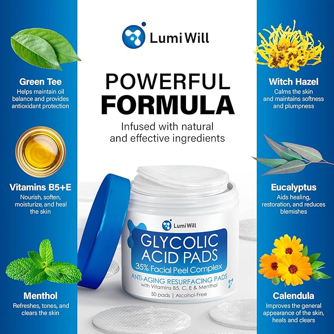 Glycolic Acid Exfoliating Peel Pads with Vitamins B5 C E and Menthol for Acne, Uneven Tone, Fine Lines, Wrinkles, Anti Aging Facial Resurfacing Skin Treatment - 50 Pre-Soaked Pads