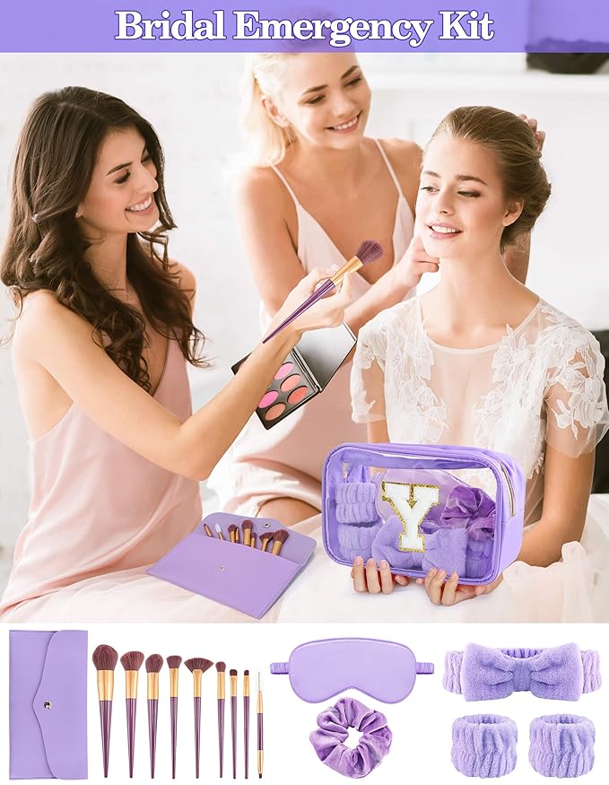 Gift Sets for Women, Initial Makeup Bag with Makeup Brush Set Bachelorette Party Favors, Purple Spa Kit with Skincare Headbands Wrist Bands Sleepover Party Supplies Gifts for Teen Girls Bridesmaid Y