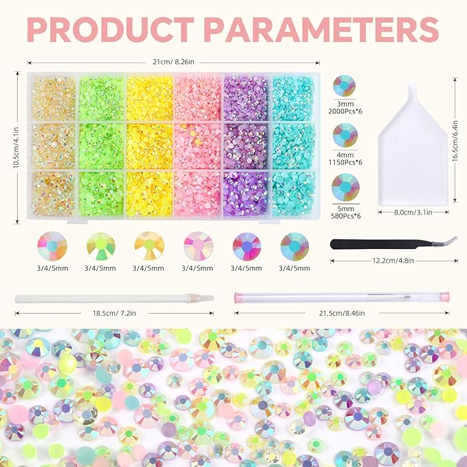 22380Pcs Candy Fresh Jelly Rhinestones Kit- Resin Mixed Color Rhinestones for Nail Clothes Shoes Tumblers Decoration Flat Back Round(3mm,4mm,5mm)