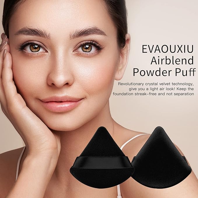 2 Pcs EVAOUXIU Triangle Powder Puff for Face Powder, Soft Plush Setting Makeup Puff, Velour Cosmetic Foundation Blender Sponge Beauty Makeup Tools (Black)