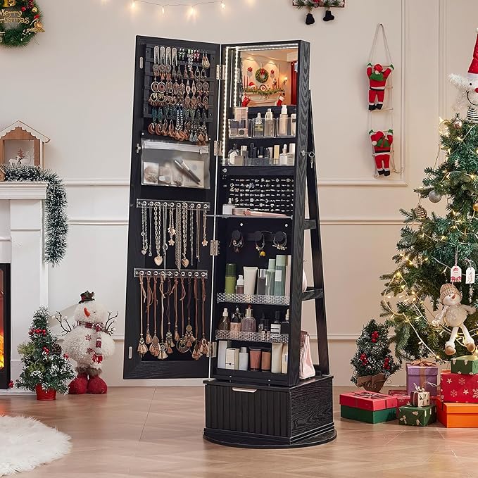 Fluted 360° Swivel Jewelry Armoire Cabinet Standing with Full Length Mirror, Lockable Jewelry Organizers and Drawer Storage with 3 Color LED Lights & Interior Mirror Rear Storage Shelves