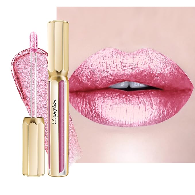 Depuplum Pink Lipsticks for Women Metallic Lipstick Long Lasting Non Stick Cup Lip Gloss, Shimmer Lightweight Hydrating Full Coverage Lip Color, DP108 Mermaid