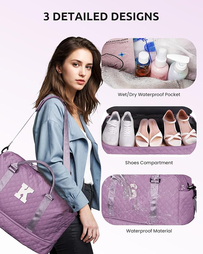Duffle for Women with Shoe Compartment, Personalized Weekender with Shoulder Strap, Overnight Bag with Trolley Sleeve & Wet Pocket, Travel Bag with Makeup Bag (Letter E)