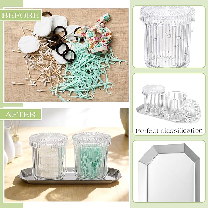 Yiyiring 2 Pack Glass Cotton Swab Holder with Lids and 1 Pack Stainless Steel Trays and Labels Glass Swab Dispenser Cotton Ball Holder Apothecary Jars Floss Pick Containers Bathroom Organizers(Clear)