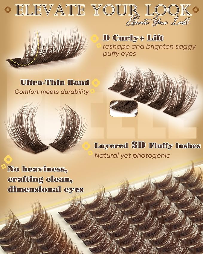 Pleell Brown Lash Clusters Fluff Manga Eyelash Clusters Natural Volume Cluster Eyelashes Extensions D-Curly 12-18MM Cluster Lashes Wispy False Lashes Clusters