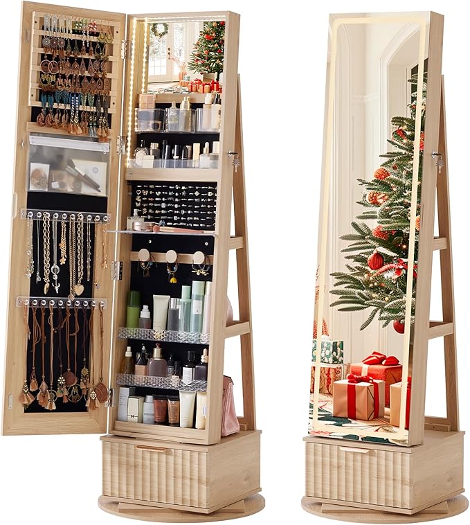 Fluted 360° Swivel Jewelry Armoire Cabinet Standing with Full Length Mirror, Lockable Jewelry Organizers and Drawer Storage with 3 Color LED Lights & Interior Mirror Rear Storage Shelves