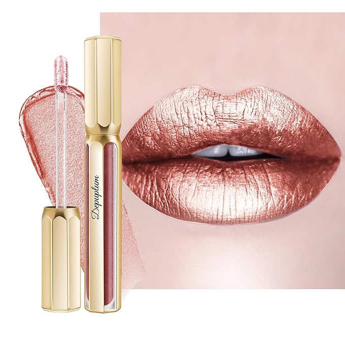 Depuplum Nude Lipsticks for Women Metallic Lipstick Long Lasting Non Stick Cup Lip Gloss, Metal Shine Lightweight Hydrating Full Coverage Lip Color, DP101 Halo