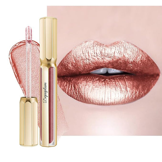 Depuplum Nude Lipsticks for Women Metallic Lipstick Long Lasting Non Stick Cup Lip Gloss, Metal Shine Lightweight Hydrating Full Coverage Lip Color, DP101 Halo